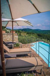 基安蒂盖奥勒卡潘尼尔葡萄酒度假酒店的一组椅子和遮阳伞,位于游泳池旁