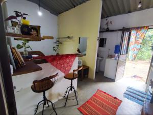 戈亚斯州上帕莱索Chalé dos Lírios的一间厨房,内设一个柜台和凳子
