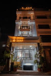 胡志明市The Sophia Apartment - Thao Dien Central的一座建筑前面的商店,有圣诞灯