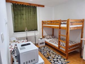 新里斯拉Privat Tatry Dreams的小房间设有两张双层床和微波炉