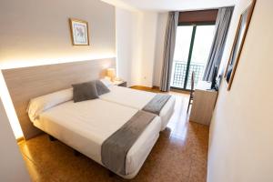 庞特维德拉马德里酒店的酒店客房设有一张床和一个大窗户