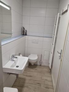 奥斯赛拜-屈隆斯博恩Strandschloesschen-Haus-I-WE-7-9866的白色的浴室设有水槽和卫生间。
