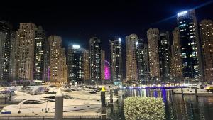 迪拜Stay in heart of Dubai Marina walk to JBR beach的水中泛舟,夜晚大城市