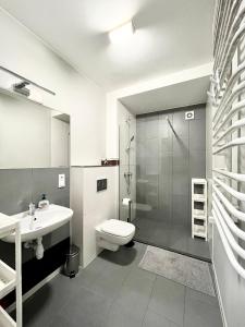 弗罗茨瓦夫Wąska 5 Apartamenty的浴室配有卫生间、盥洗盆和淋浴。