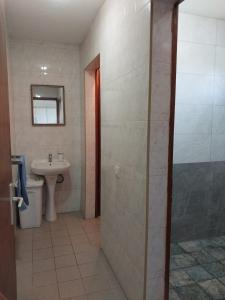 蓝海湾Oasis Appartement的一间带水槽和玻璃淋浴间的浴室