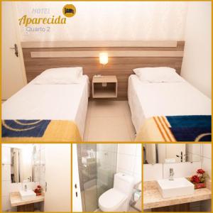 Rodeio BonitoHOTEL APARECIDA的配有2张床的带盥洗盆和卫生间的客房