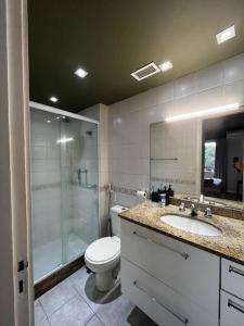 里约热内卢Barra Praia Bourbon的浴室配有卫生间、淋浴和盥洗盆。