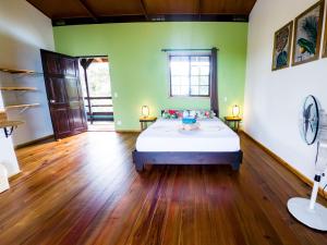 博卡斯德尔托罗El Caribeo的一间设有床铺的卧室,位于一个拥有绿色墙壁的房间