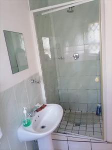威廉王城Ezamampondo Guest House的带淋浴和盥洗盆的白色浴室