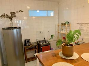 里约热内卢Apt Charmoso 3 Quartos Gavea的厨房配有冰箱和带植物的桌子