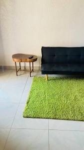瓦加杜古Independent apartment in a villa的一张黑沙发和桌子旁的绿色地毯