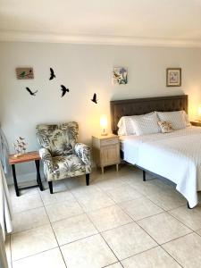 劳德代尔堡Beach Aqualina Apartments的卧室配有一张床和一把椅子,墙上有鸟儿