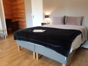 拉图多韦尔尼Manoir Saint-Pardoux 63680的一张床上的黑色毯子,放在房间里