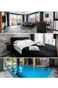 卢布林PLATiNIUM RESIDENCE&SPA BASEN-SAUNA CENTRUM的酒店客房带床和游泳池