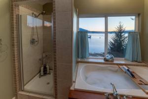 MendenhavenJuneau Oceanfront Home Overlooking Auke Bay的一间带浴缸和淋浴的浴室以及窗户。