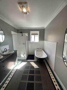 拉瑟格伦Charming 3 bedroom wine country cottage的一间带水槽、淋浴和卫生间的浴室