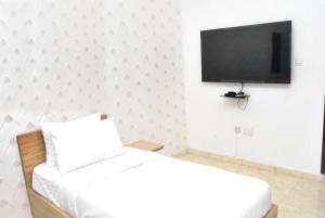 伊巴丹Ibadan Serviced Apartments的一间卧室配有一张床和一台平面电视