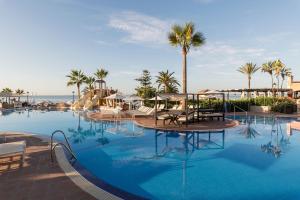 马贝拉Marriott's Marbella Beach Resort的一座棕榈树和海洋的大型游泳池