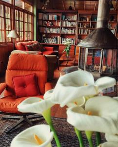 塞罗蓬塔Los Quetzales Ecolodge & Spa的客厅配有沙发、椅子和鲜花