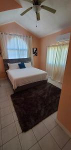 波特莫尔Finest Accommodation Caribbean Estate Lot 78的一间卧室配有一张床和吊扇
