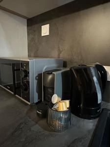 马尔比伊松Studio « Le petit montagnard »的厨房柜台配有咖啡机和微波炉