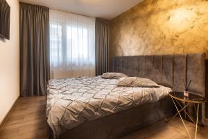布拉索夫Carpatilor Apart Hotel Brasov的一间卧室设有一张床和一个大窗户