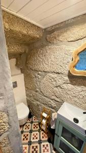 塞亚Quinta da Cumieira Nova的一间带卫生间和石墙的浴室