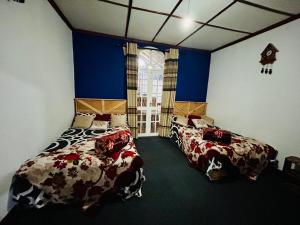 努沃勒埃利耶水晶山度假屋的蓝色墙壁客房的两张床