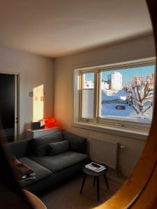 利勒斯特罗姆Hygge houses I Studio apartment in Lillestrøm I Solo or Couple的带沙发和大窗户的客厅