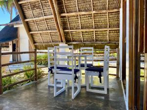 AborlanSurya Beach Resort Palawan的海景门廊上的桌椅