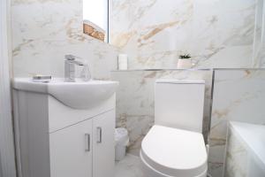 卡迪夫Newport Road (FREE Parking)的白色的浴室设有卫生间和水槽。