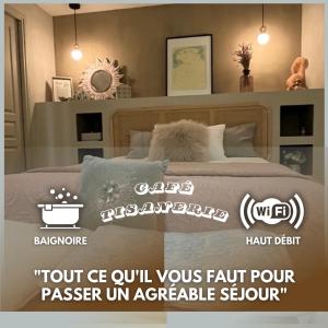 滨海卡涅Bed & Breakfast Les Hauts de Cagnes vue mer et montagne的一张带标牌床的卧室的海报