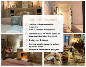 滨海卡涅Bed & Breakfast Les Hauts de Cagnes vue mer et montagne的卧室照片的拼贴图,带有传单
