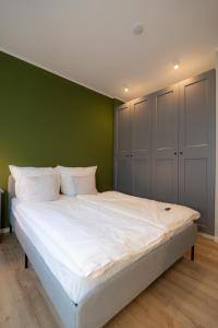 帕德博恩Im Herzen der Stadt - EG Wohnung的一间卧室配有一张白色的床和绿色的墙壁