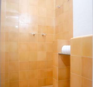 巴兰基亚Faranda Collection Barranquilla, a member of Radisson Individuals的浴室设有橙色瓷砖淋浴和镜子
