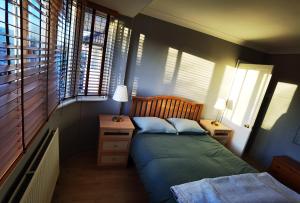 哈罗ANAND HOUSE的一间卧室配有床、床头柜和窗户。