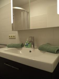 格绍Apartment Pilz的白色水槽、水龙头和镜子