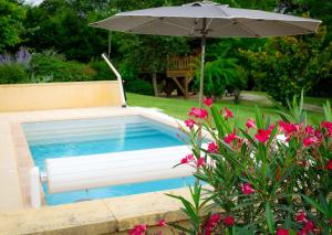 马尔凯Les Chalets du Brusquand的一个带遮阳伞和粉红色鲜花的游泳池