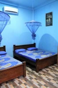 卡特勒格默ගයාන් ගෙස්ට් කතරගම的蓝色墙壁客房的两张床