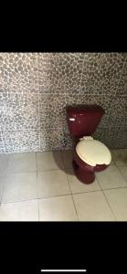 GaritaLees' Beach House的浴室设有红色卫生间和瓷砖墙。