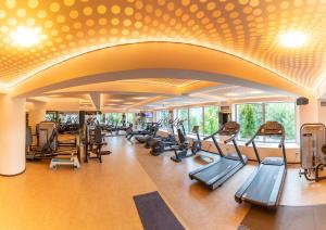 布拉索夫Grand Hotel Belvedere的一间健身房,里面设有一排跑步机和椭圆机
