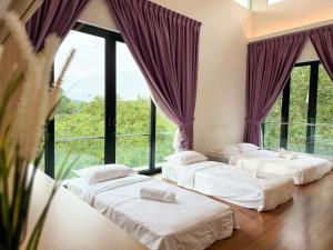 史里肯邦安Seri Kembangan Equine Villa with Pool by Iconique的带大窗户的客房内的三张床