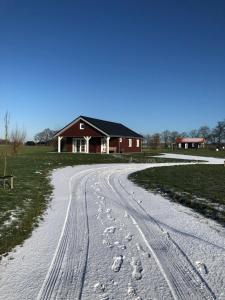 Schalkwijktriphousing red的房屋前积雪中一条有足迹的道路