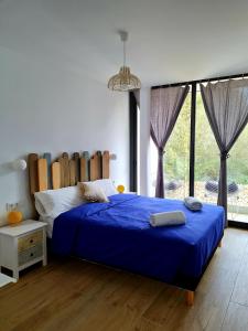卡拉加尔达纳Mitjana's House的一间卧室配有一张带蓝色床单的床和大窗户。