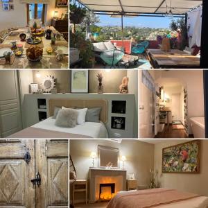 滨海卡涅Bed & Breakfast Les Hauts de Cagnes vue mer et montagne的卧室和客厅的照片拼合在一起