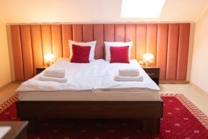 可罗日采Hotel Hetman的一间卧室设有一张带红色墙壁的大床