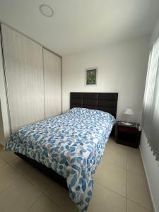 雷西斯膝西亚Edificio Misionero Klein的一间卧室配有一张带蓝色和白色棉被的床