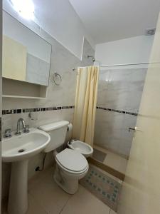 雷西斯膝西亚Edificio Misionero Klein的浴室配有卫生间、盥洗盆和淋浴。
