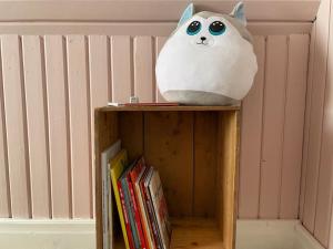 韦斯特维克Mysigt hus för 2 familjer的一只塞满食物的猫正坐在书架上