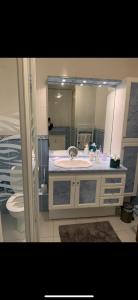 滨海图维列Appartement de standing vue mer 63 m2的一间带水槽、卫生间和镜子的浴室